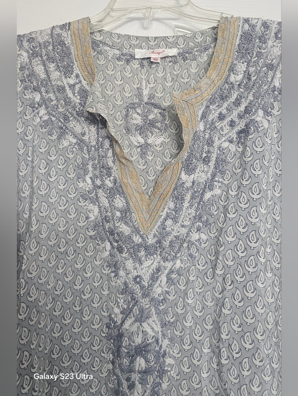 Amaya All Silk Light gray and yellow embroidery tunic with a relaxed fit. - Picture 3 of 11